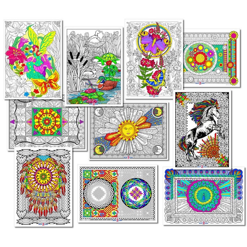 Stuff2Color Line Art Coloring Bundle - 10 Coloring Posters - Best Sellers Pack #1 - (Beautiful Art Printed on Heavy Cardstock - Excellent Coloring Project for Groups and Individuals)